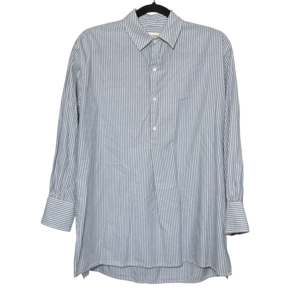 Nili Lotan Blue Striped 1/4 Button Pullover Blouse Sz XS Oversized Quiet Luxury